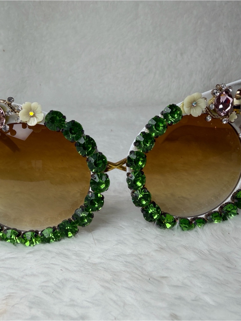 Embellished Round Sunglasses with Green Crystal Accents
